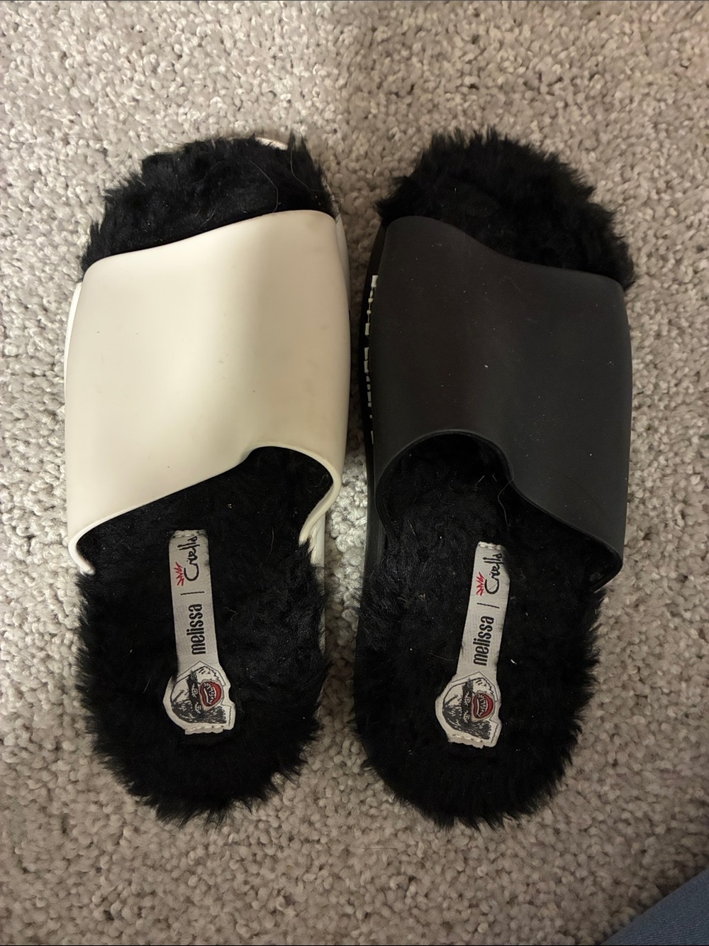 Melissa Two-Tone Black and White Fuzzy Slide Mules